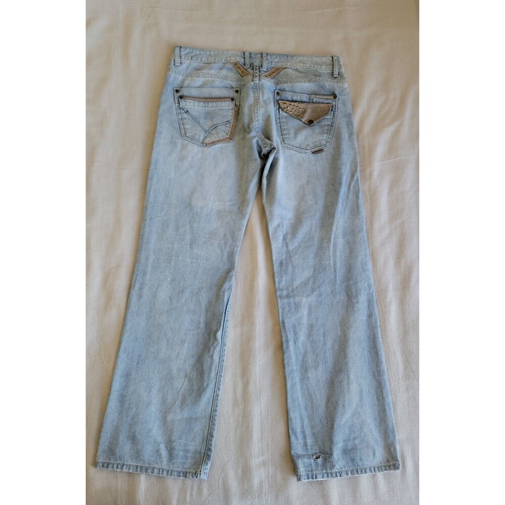 Seduka Mens 39x33 Jeans High Rise Distressed Light Blue Cotton Logo Studded Flap